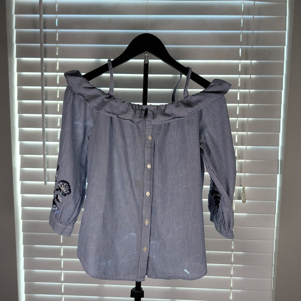 LOFT Off The Shoulder Blouse Women SP Blue White Pinstripe Floral Embroidered EX